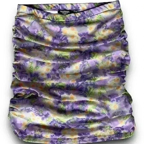 Lilac floral graphic print mini skirt Nasty Gal‎ mesh  ruched side high waisted - Picture 2 of 6